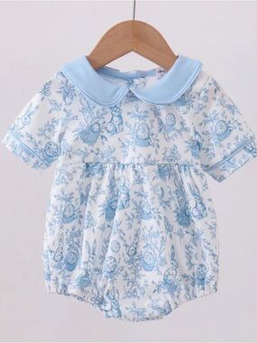 Blue & White Toile Baby Romper with Light Blue Peter Pan Collar